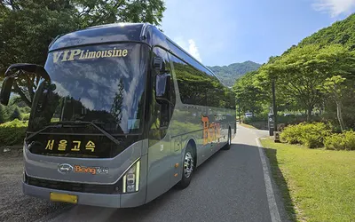 28인승 리무진버스 외관 — 숲길에 선 현대 유니버스 노블 (VIP Limousine)